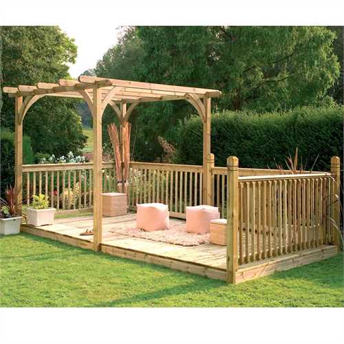 Wooden pergola for outdoor dining with deck.