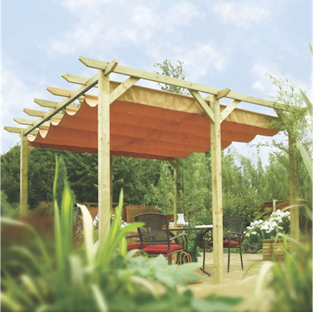 Wooden pergola with retractable canopy.