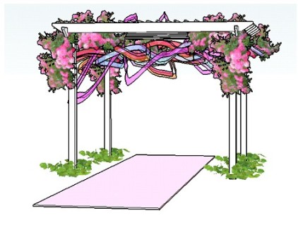 Copyright image: A romantic wedding bower pergola design with climbing roses and colourful ribbons.
