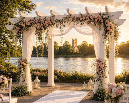 Copyright image: Stunning wedding bower made from the free pergola plan ideas.
